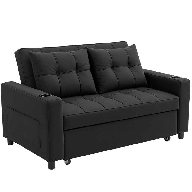 2 Seater Pull Out Sofa Bed with Pockets for Living Room Black