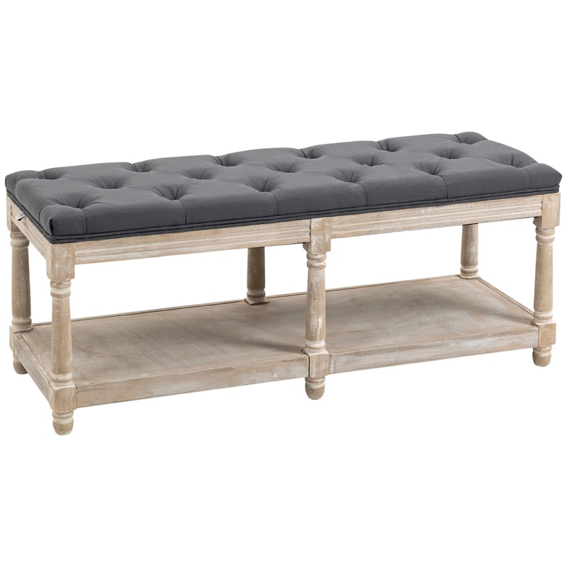 2-Tier Bed End Bench, Vintage Stool Button Tufted Window Seat, Grey
