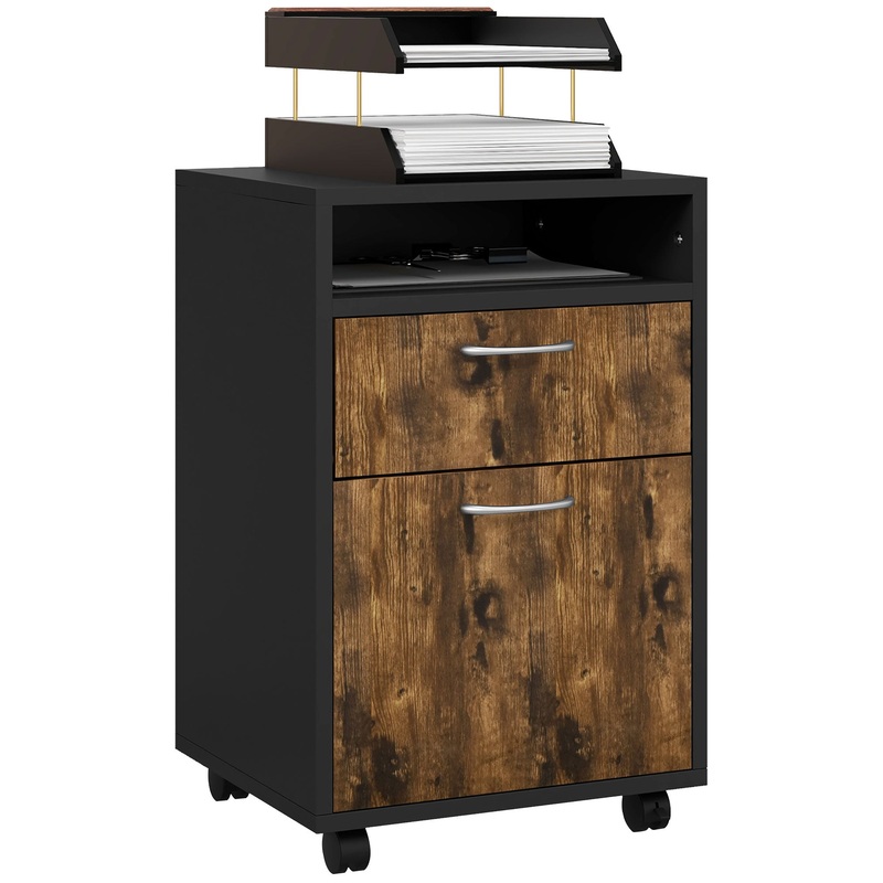 60cm Filing Cabinet with Drawers and Open Shelf, Rustic Brown