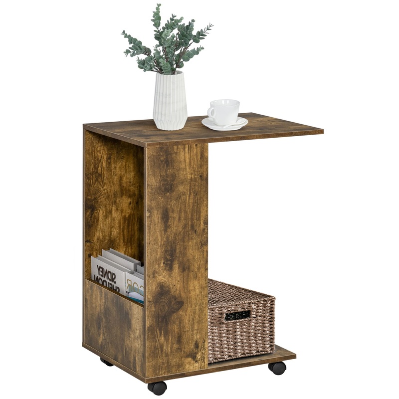 Mobile Sofa Side Table for Laptop Coffee w/ Storage and Casters, Brown