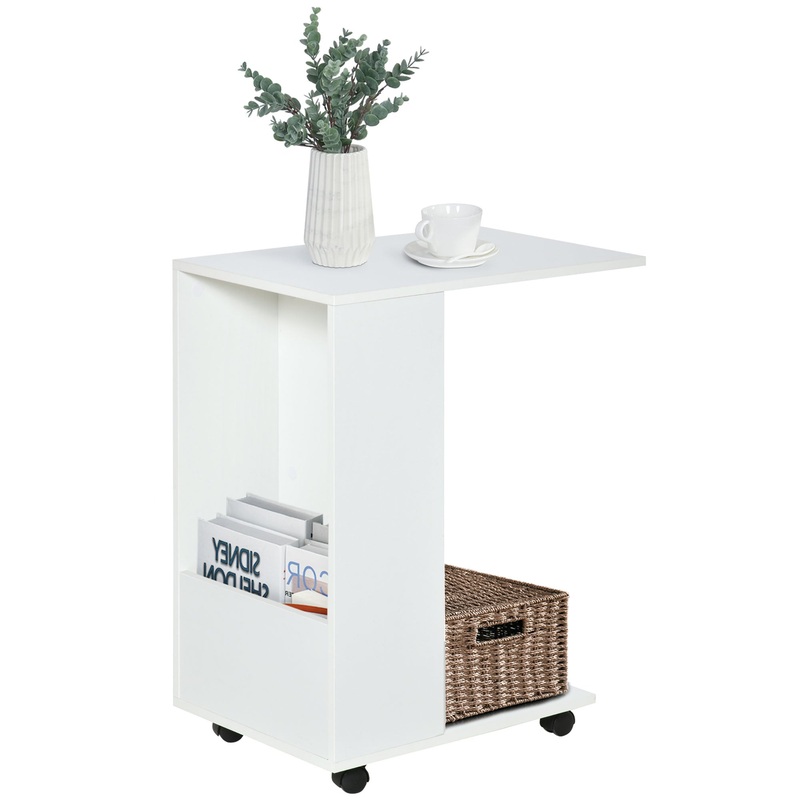 Mobile Sofa Side Table for Laptop Coffee w/ Storage and Casters, White