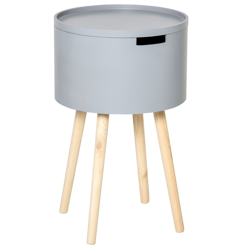 Round Side Table Nightstand w/ Hidden Storage Space Removable Lid, Grey