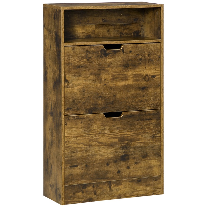 Rustic 2 Flip Door Shoe Cabinet with Adjustable Divider and Open Shelf