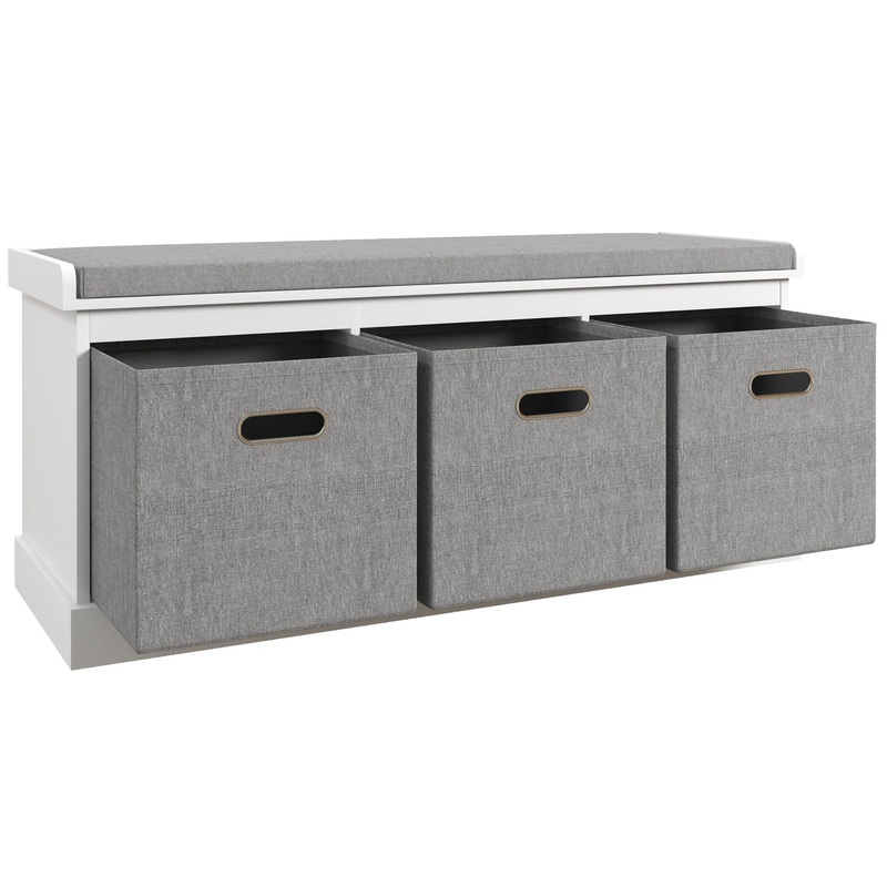 Shoe Bench with Seat, Shoe Storage Bench with Fabric Drawers, White