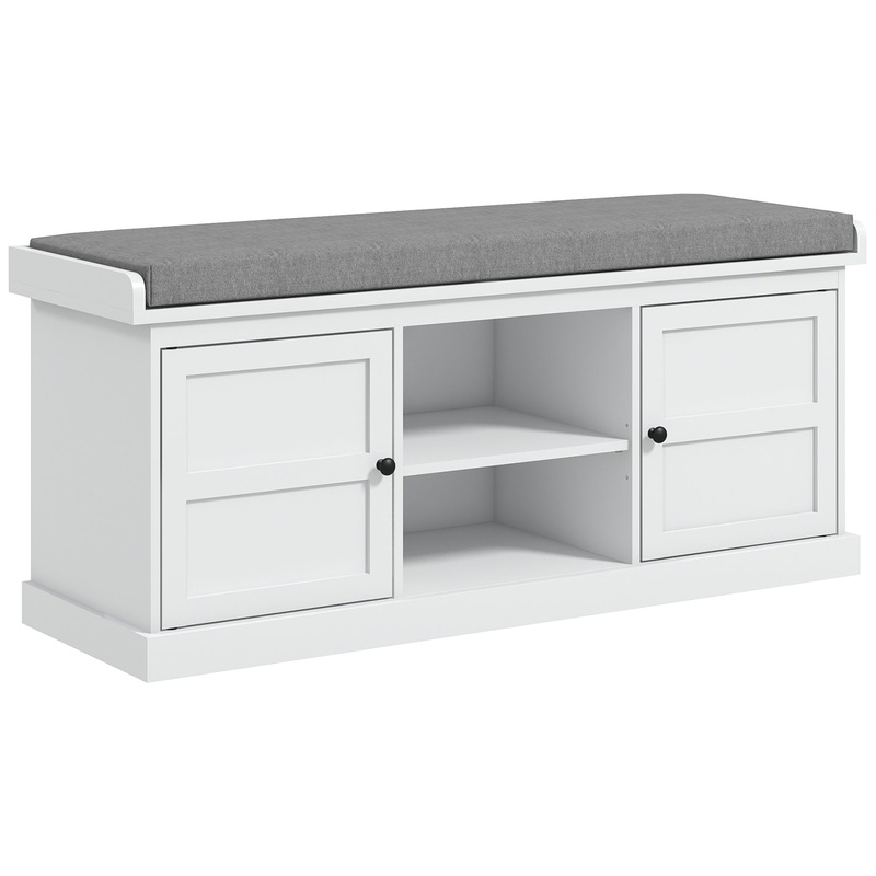 Shoe Storage Bench with Cushion 2 Cabinets for Entryway Hallway White