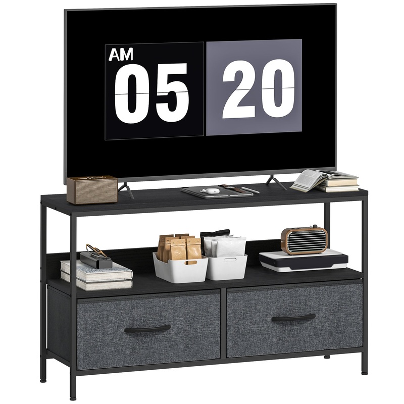 TV Cabinet, TV Console Unit with 2 Foldable Linen Drawers Black