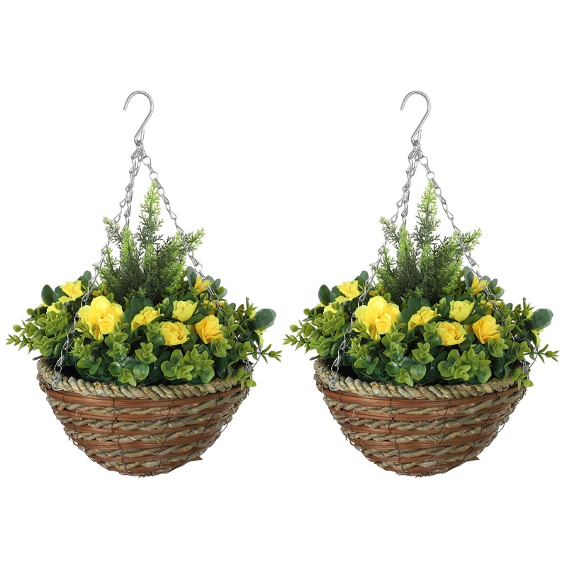 2 PCs Artificial Lisianthus Flower Hanging Planter Basket Yellow