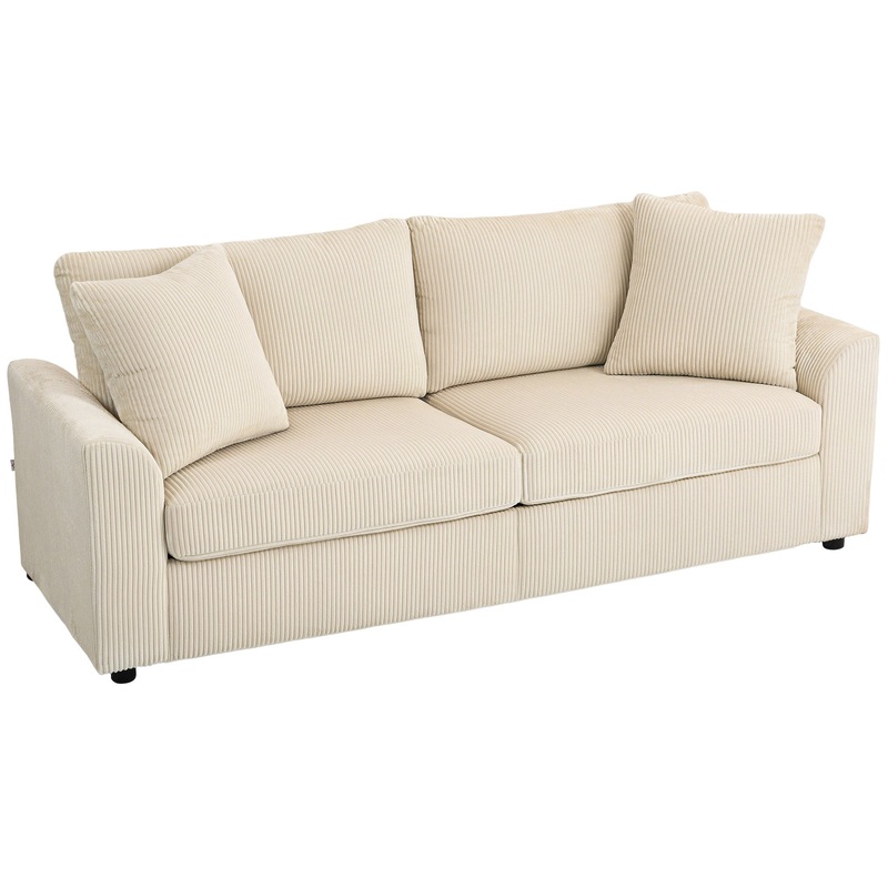 212 cm Upholstered Jumbo Cord Sofa Couch with Spring Cushion, Cream