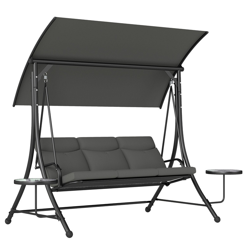 3 Seat Garden Swing Chair Steel w/ Adjustable Canopy and Coffee Tables