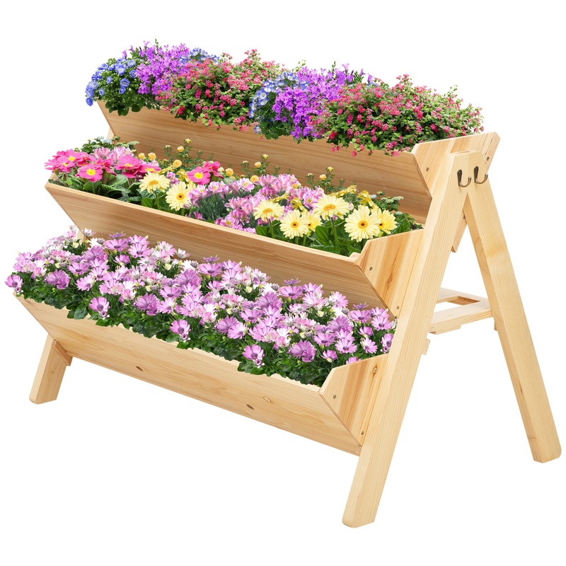 3 Tier Wooden Garden Raised Bed Plant Bed with Clapboard and Hooks