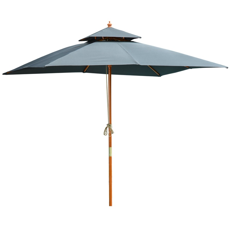 3m Wood Square Patio Umbrella Garden Market Parasol Sunshade Grey