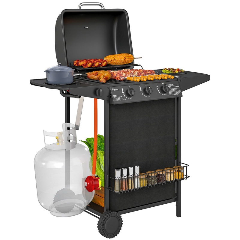 4 Burner Gas Barbecue Grill Portable Gas BBQ Grill with Lid, Black
