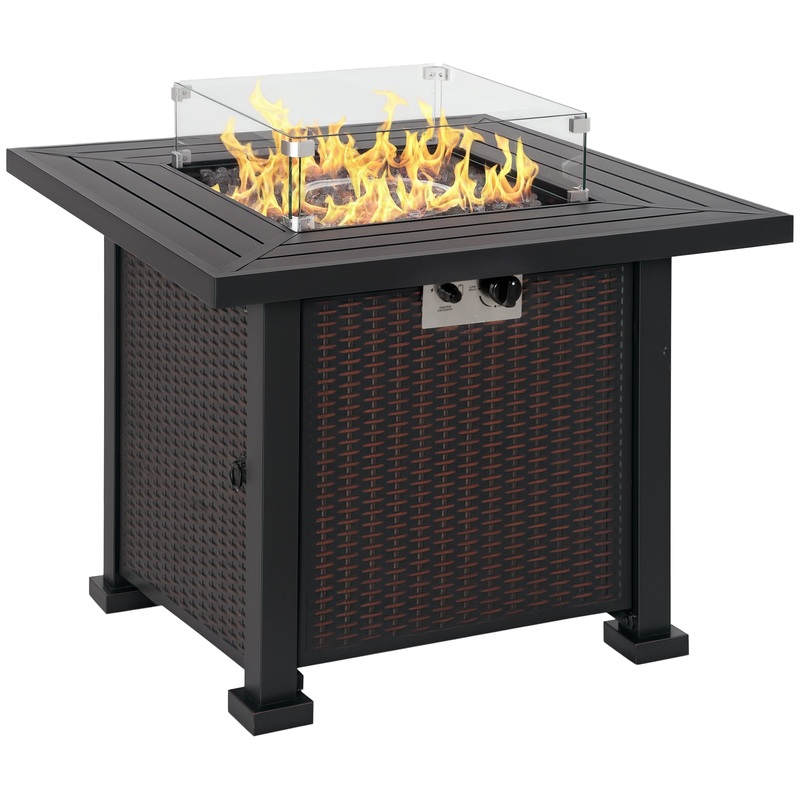 Outdoor Propane Gas Fire Pit Table w/ Wind Screen & Glass Beads, Black