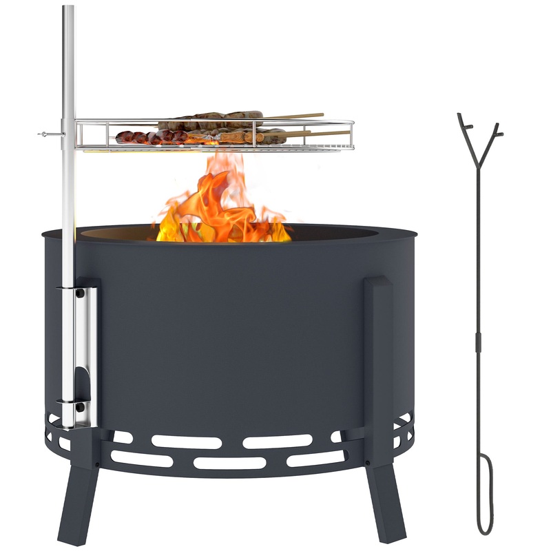 Portable Fire Pit, 58 cm Round Firepit with Grill Grate, Black