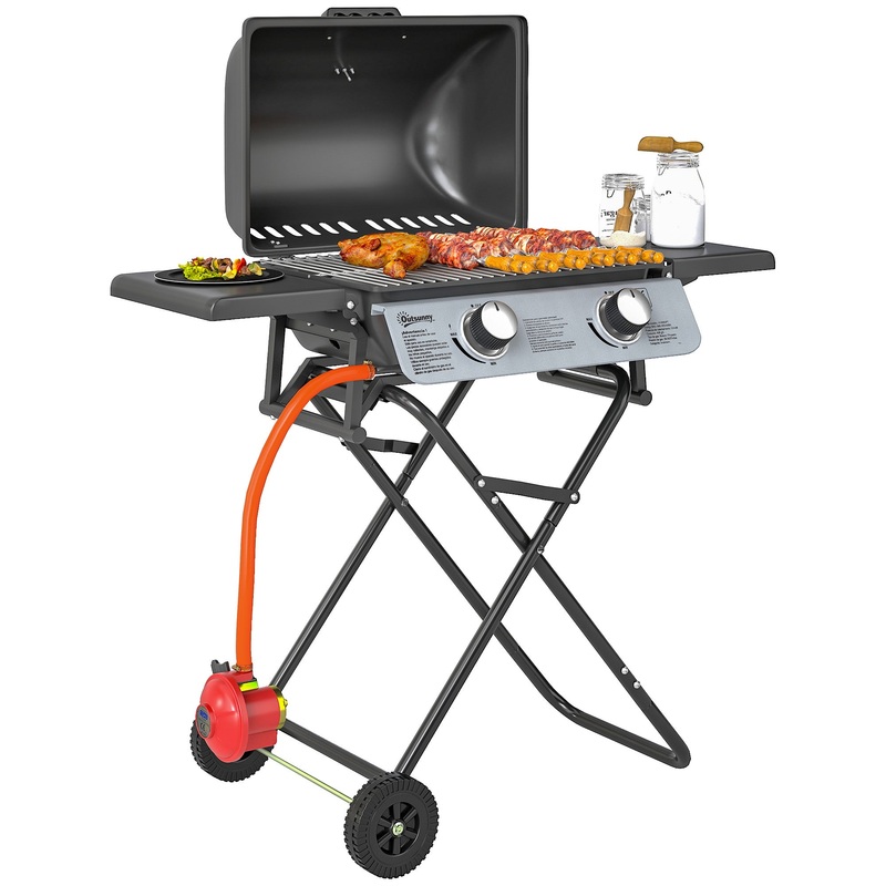 Portable Foldable Gas Barbecue Grill with Thermometer, Lid, Black