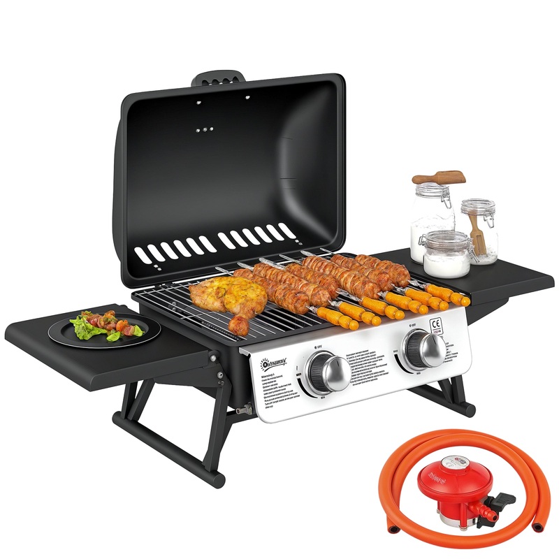 Portable Tabletop Gas Barbecue Grill with Thermometer, Black