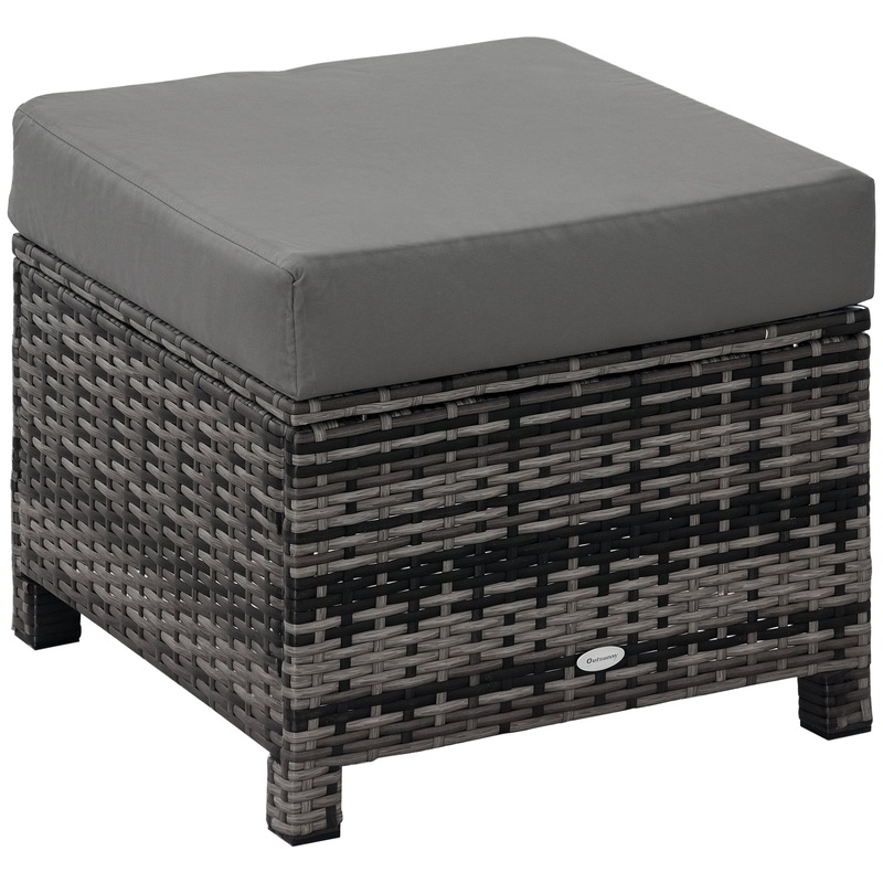 Rattan Footstool Wicker Ottoman w/ Padded Seat for Backyard Garden