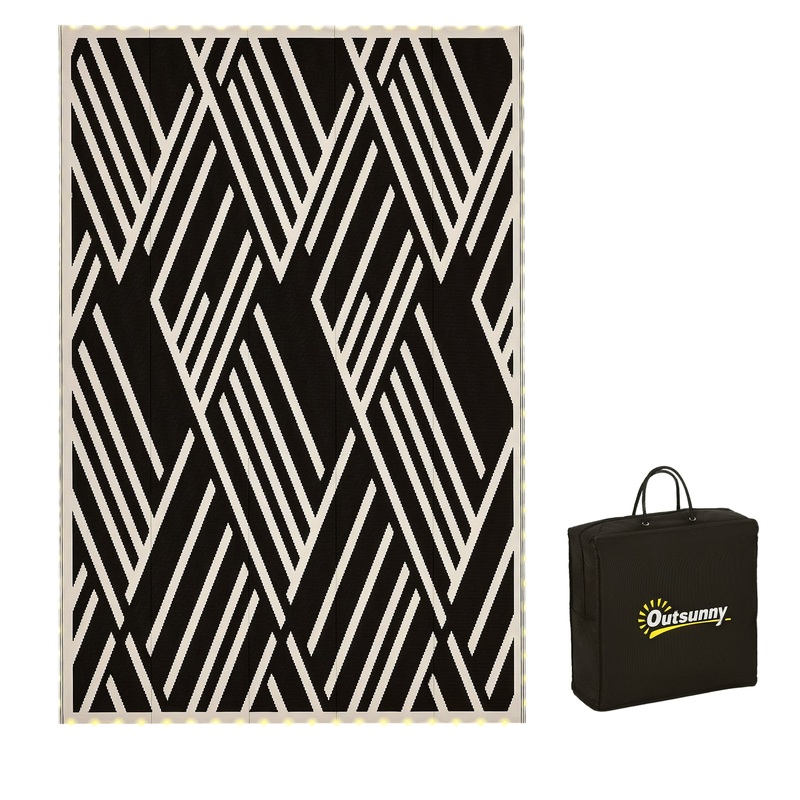 Waterproof Outdoor Rug W/ LED String Light, 182 x 274cm, Black & Coffee