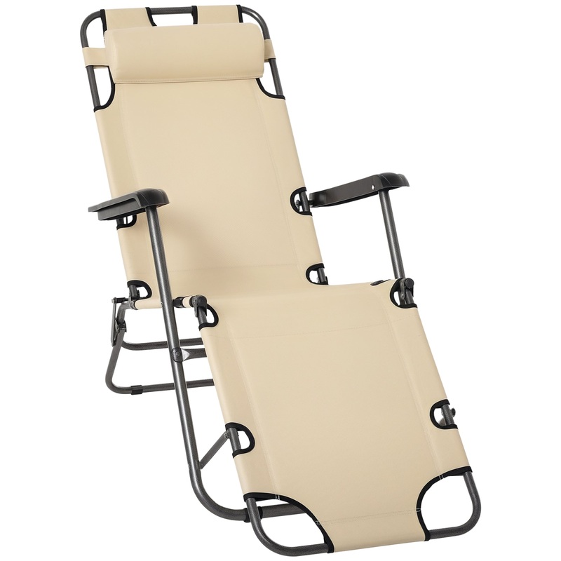 2 in 1 Outdoor Folding Sun Lounger w/ Adjustable Back and Pillow Beige