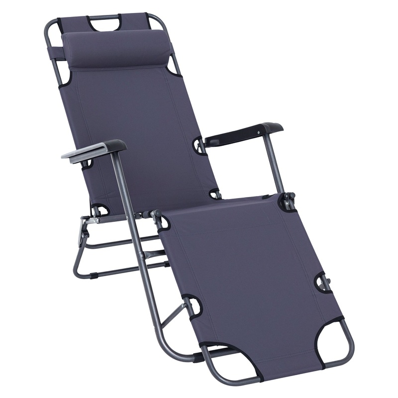 2 in 1 Outdoor Folding Sun Lounger w/ Adjustable Back and Pillow Grey
