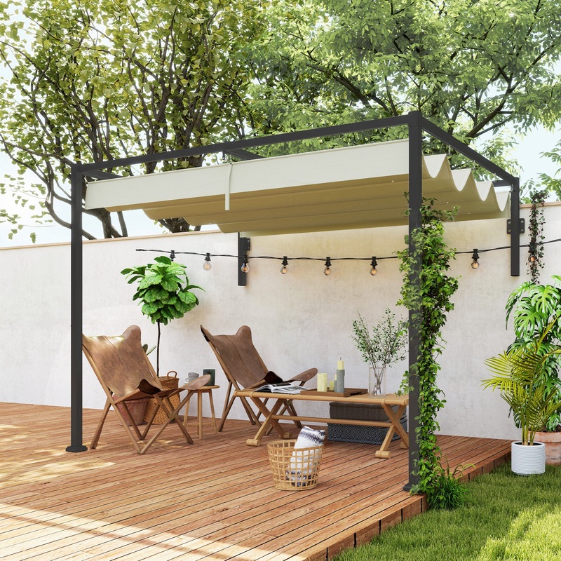 2 x 3(m) Wall Mounted Pergola with Retractable Roof, Khaki