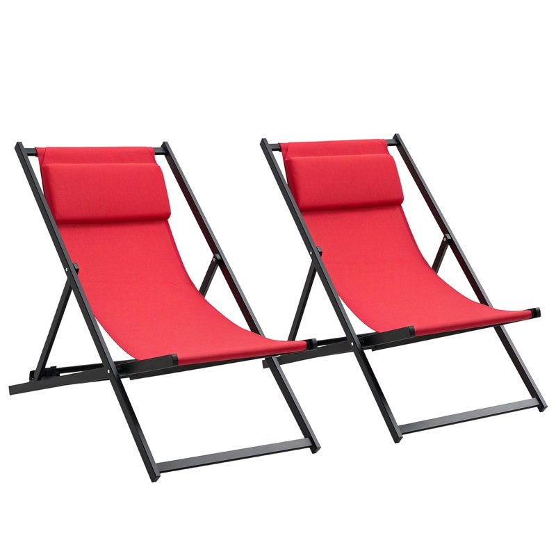 2Pcs Texteline Chaise Lounge Recliner Chair Adjust Lounger Patio Red
