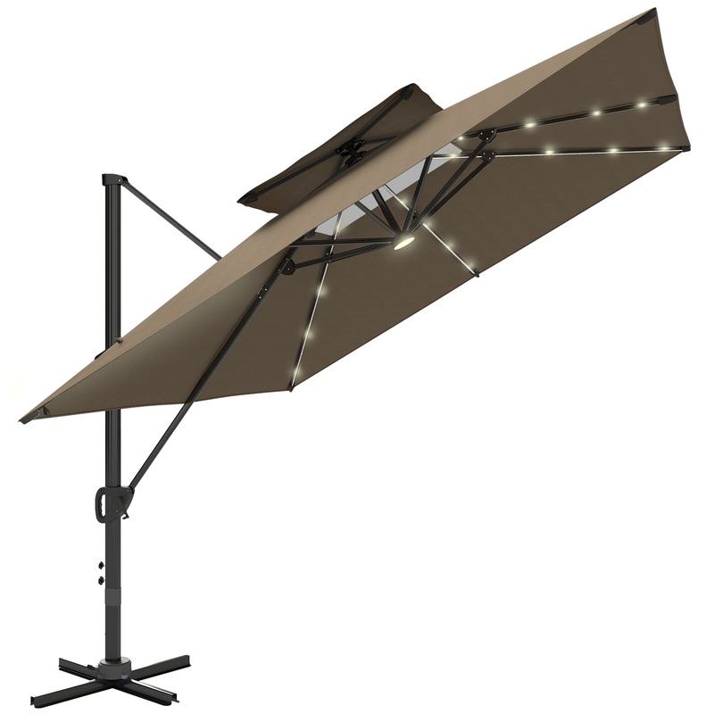 3.5m Aluminium Cantilever Parasol w/ LED Lights Crank Tilt UV50+ Khaki