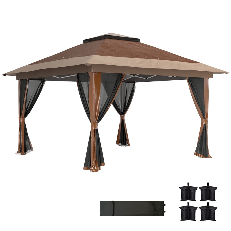 3.6 x 3.6m Pop Up Gazebo with Netting and Wheeled Bag, Brown