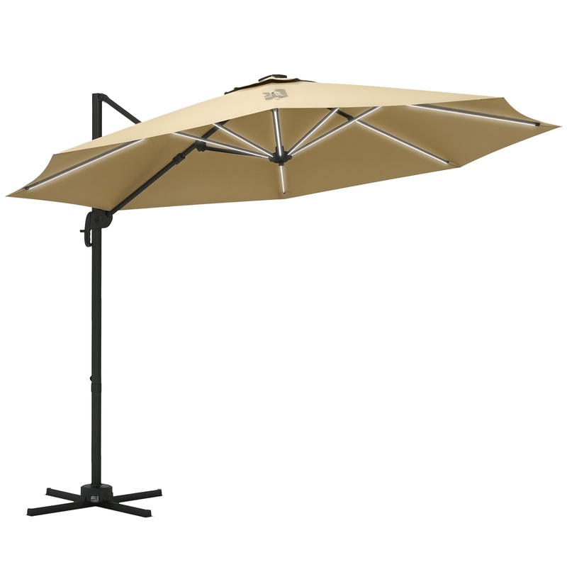 3(m) Solar LED Cantilever Parasol Adjustable Garden Umbrella Khaki