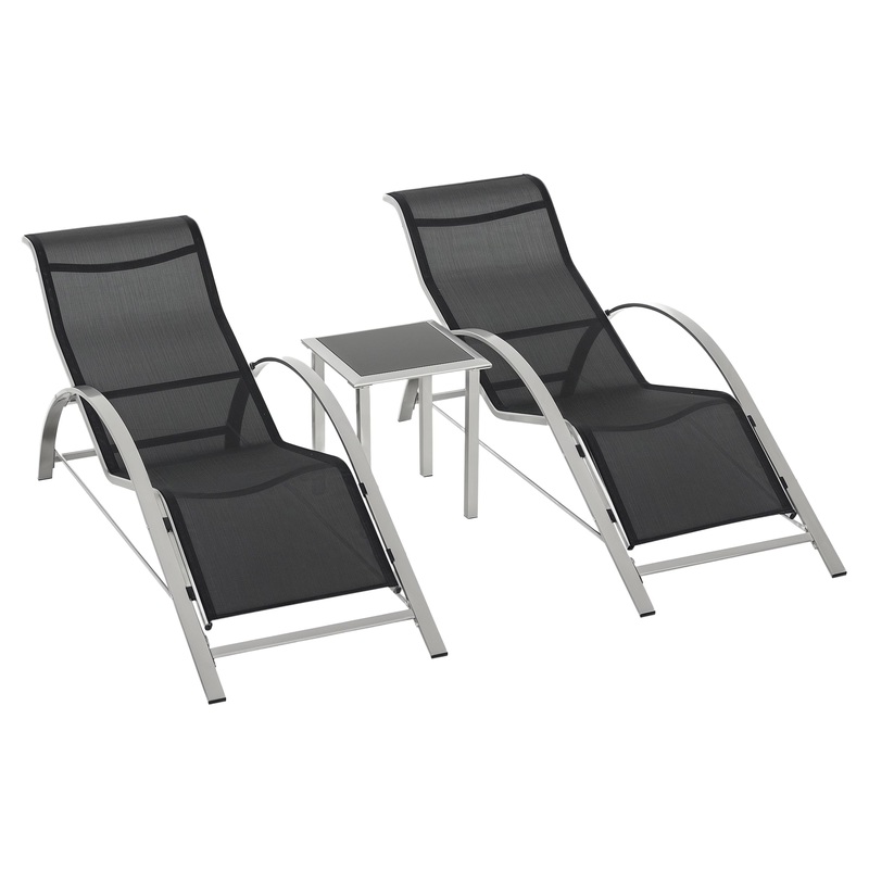 3 Pieces Lounge Chair Set Garden Sunbathing Chair w/ Table Black