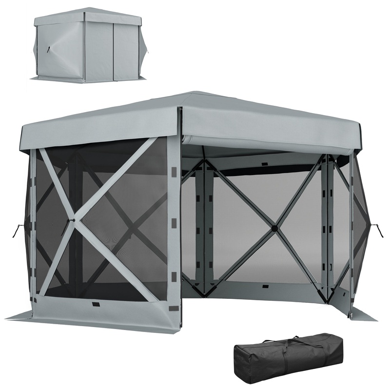 3 x 3(m) Hexagon Pop Up Gazebo with 5 Sides, Netting, Light Grey