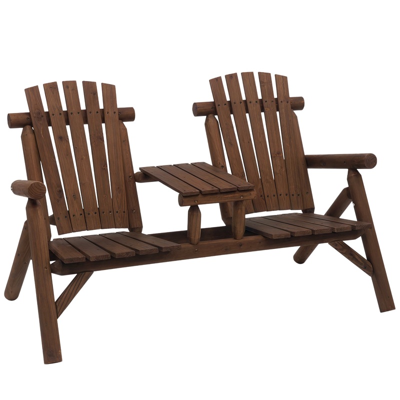 Wood Patio Bench 2 Seats w/ Centre Coffee Table, Carbonized