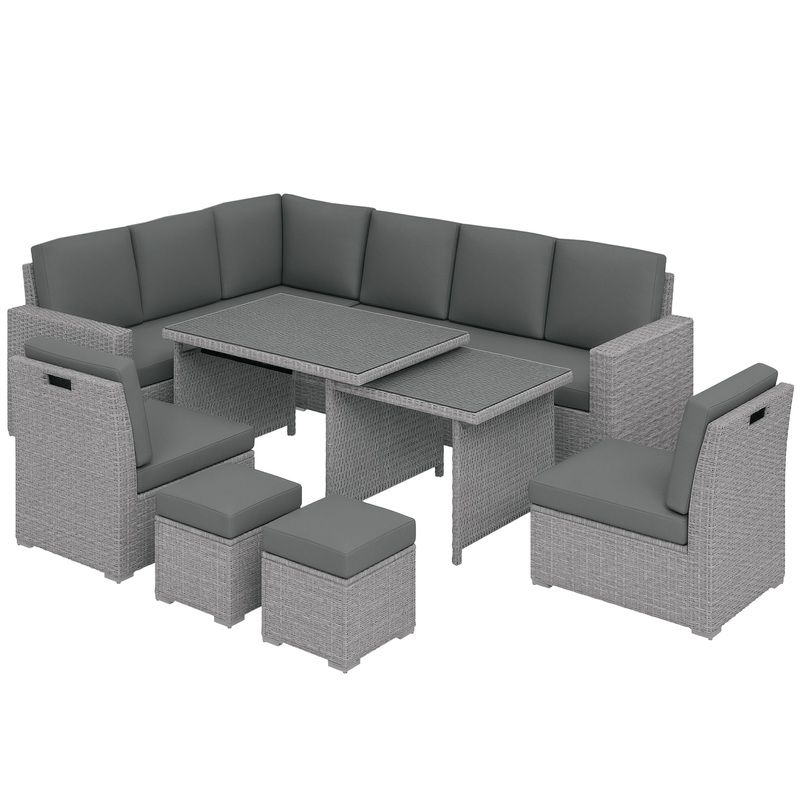 10-Seater Sofa Sectional w/ Cushioned Seat, Footstools and Glass Table