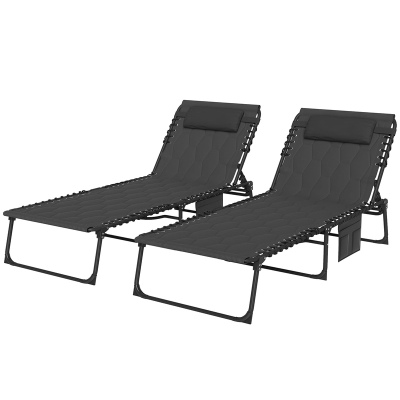 2 Pieces Foldable Sun Lounger Set with Padded Seat, Black