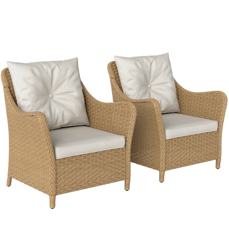 2 Pieces Rattan Garden Chairs, Cushioned Rattan Chairs, Beige