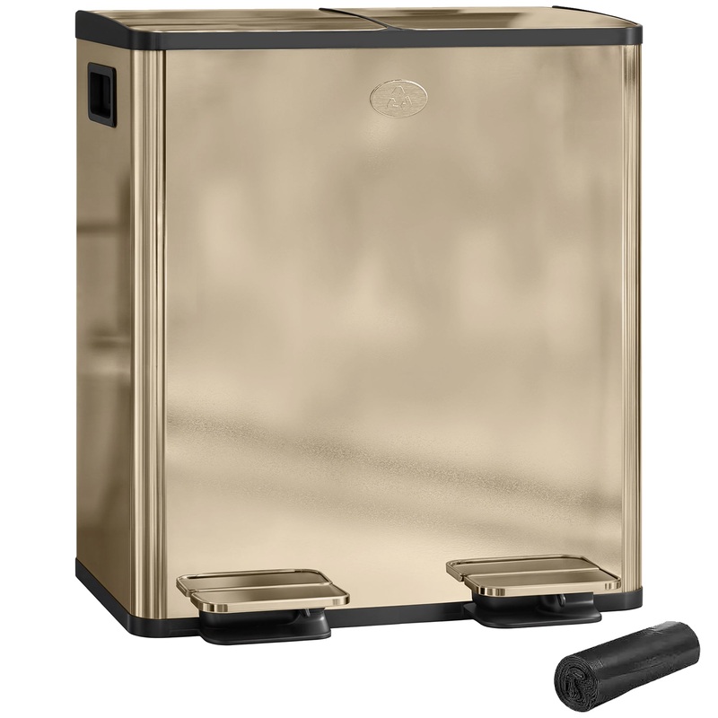 2 x 20L Dual Kitchen Bin Pedal Bin for Recycling and Waste, Gold Tone