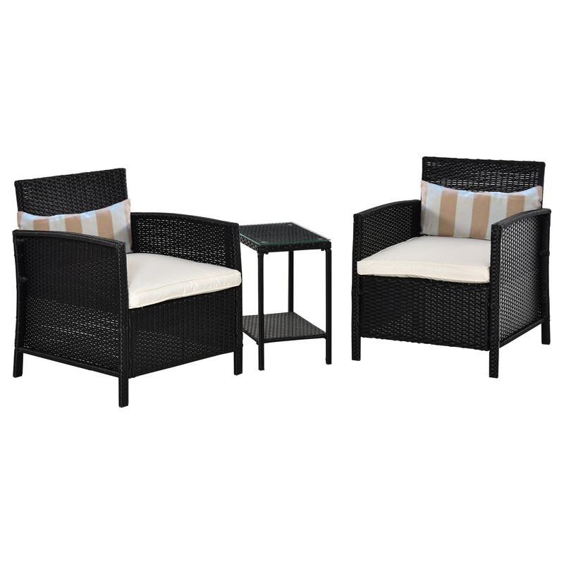 3 PC Outdoor Rattan Sofa Set w/ Chairs Coffee Table Cushion Black