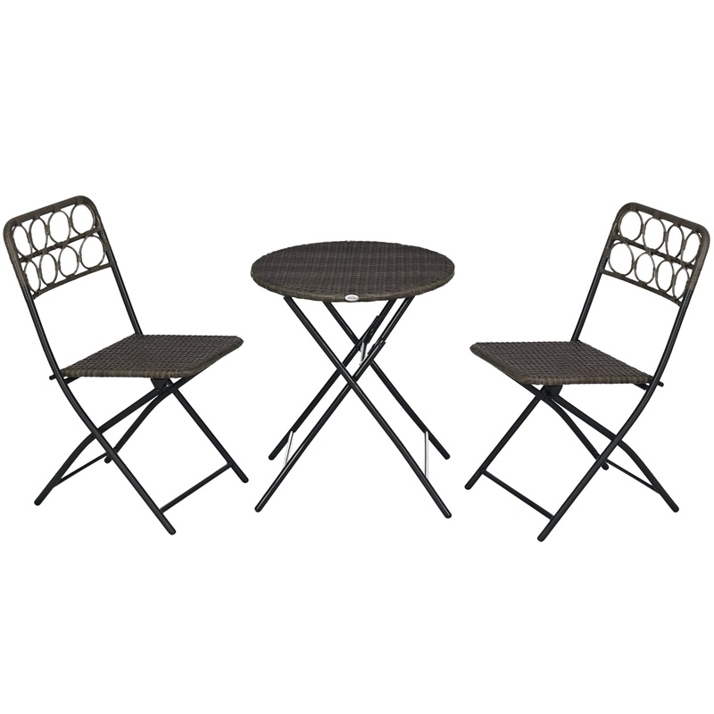 3 PCS Folding Rattan Wicker Bistro Set, Coffee Table Set, Grey