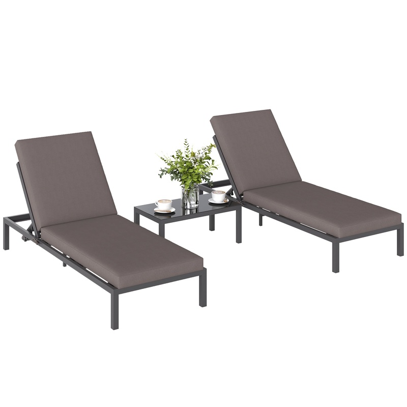 3-PCS PE Rattan Lounge Set, Aluminium Recliner Sofa Bed Set, Grey
