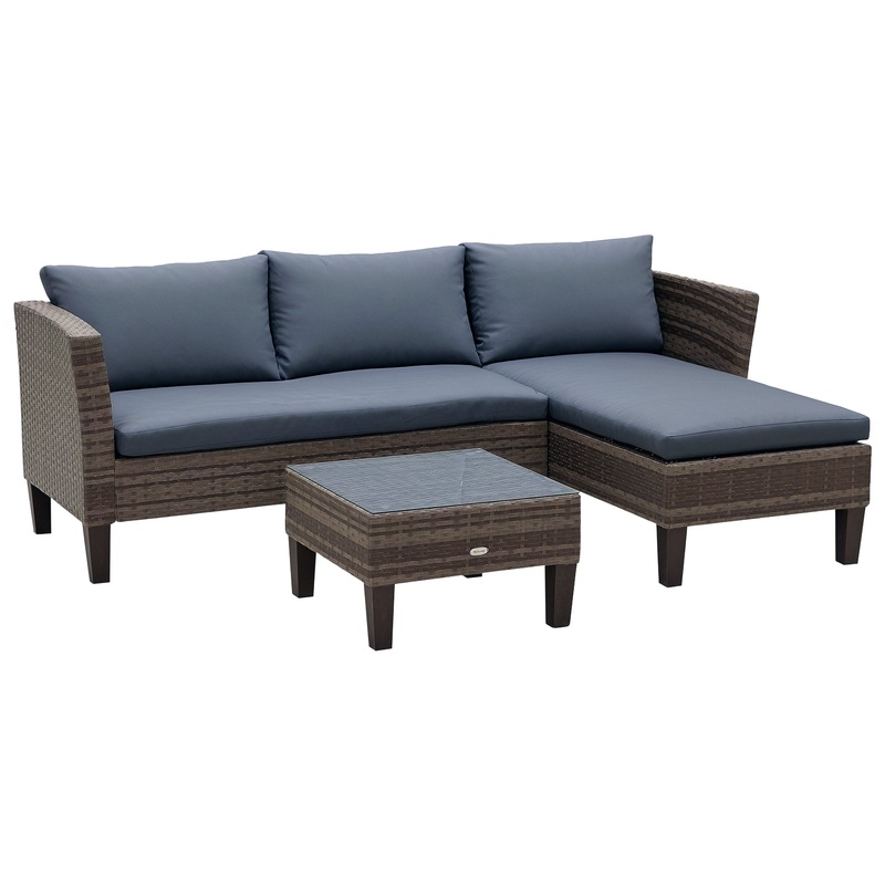 3 PCs Rattan Outdoor Set Cushion L Shape Corner Sofa Coffee Table