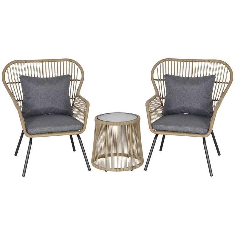 3 PCS Webbed PE Rattan Outdoor Patio Set w/ Cushions Steel Frame Brown