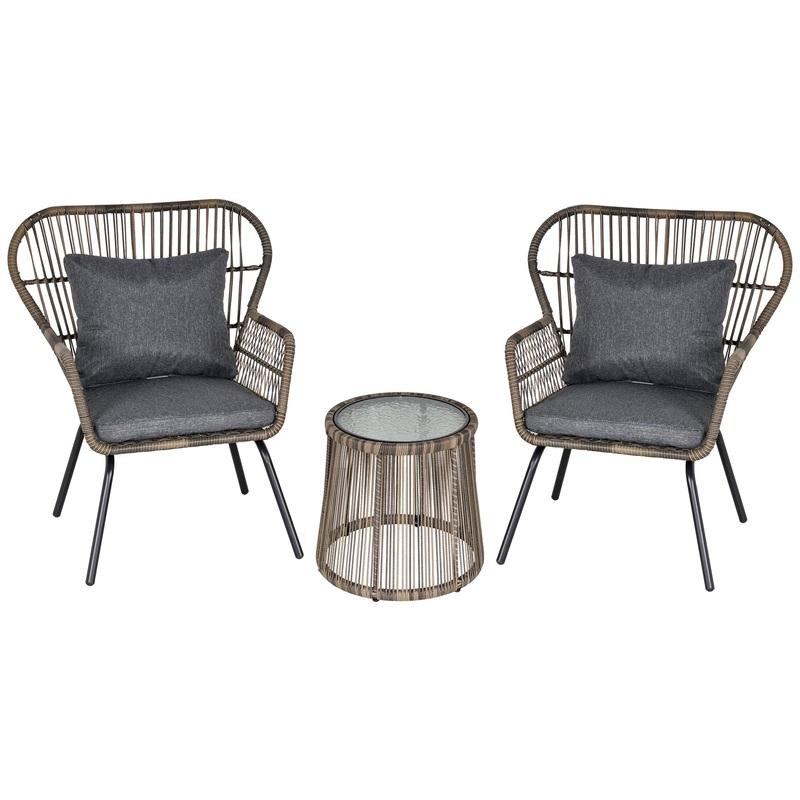 3 PCS Webbed PE Rattan Outdoor Patio Set w/ Cushions Steel Frame Grey
