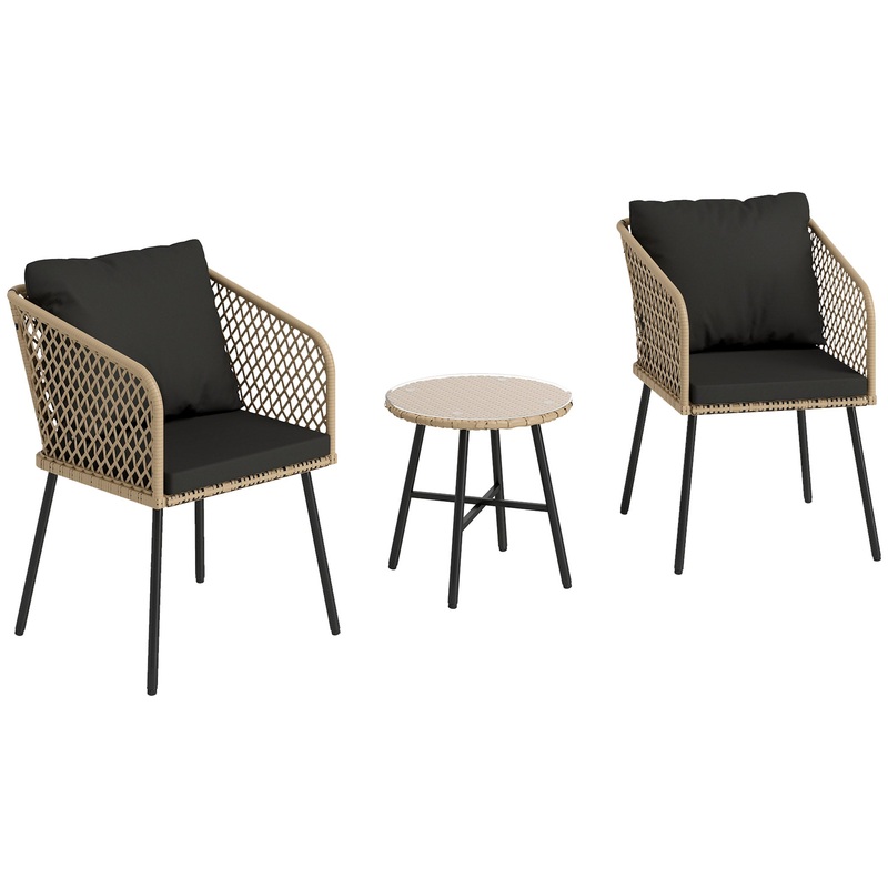3 Piece Rattan Bistro Set with Cushions, Nature Wood Finish