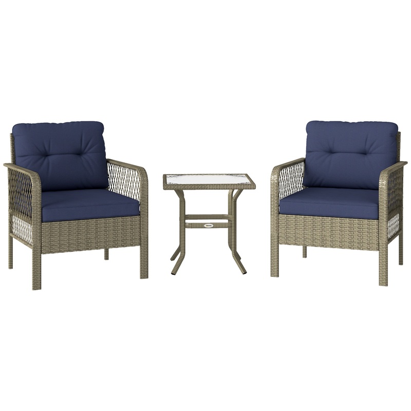 3 Pieces Rattan Bistro Set with Tempered Glass Table Charcoal Grey