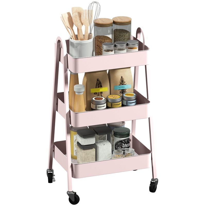 3-Tier Rolling Utility Cart Kitchen Storage Trolley on Wheels Pink