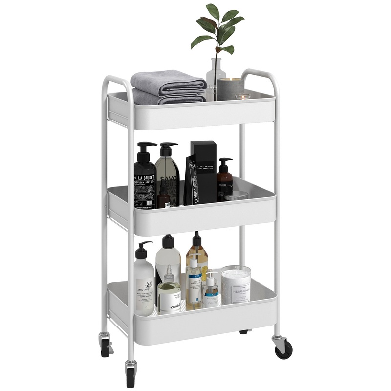 3 Tier Rolling Utility Cart with 3 Mesh Basket, White
