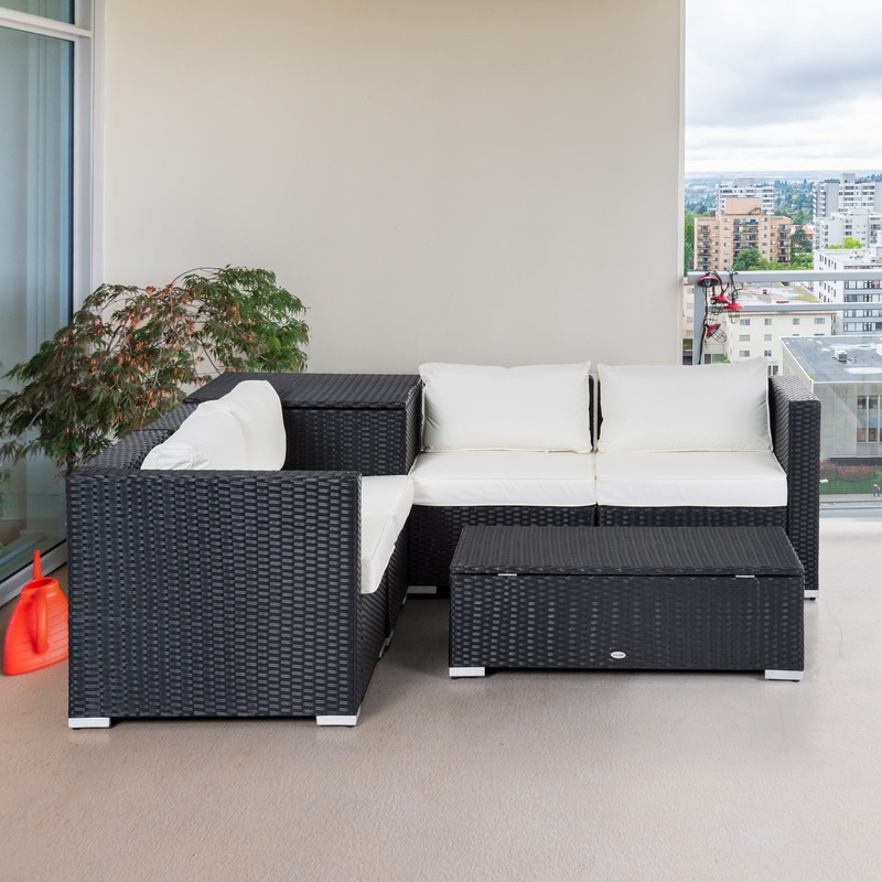 4-Seater Rattan Garden Corner  Set Wicker 4 Seater Garden Weave Furniture w/ Cushion Black