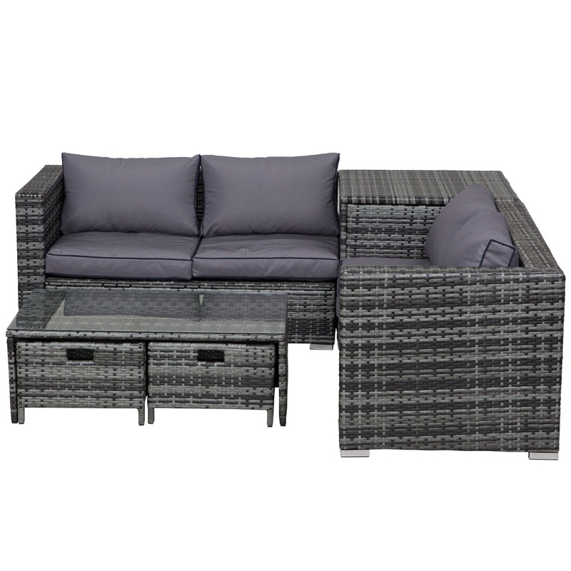 4-Seater Rattan Wicker Garden Furniture Patio  Storage & Table Set w/ 2 Drawers Coffee Table,Great Cushioned 4 Seats Corner Set- Grey