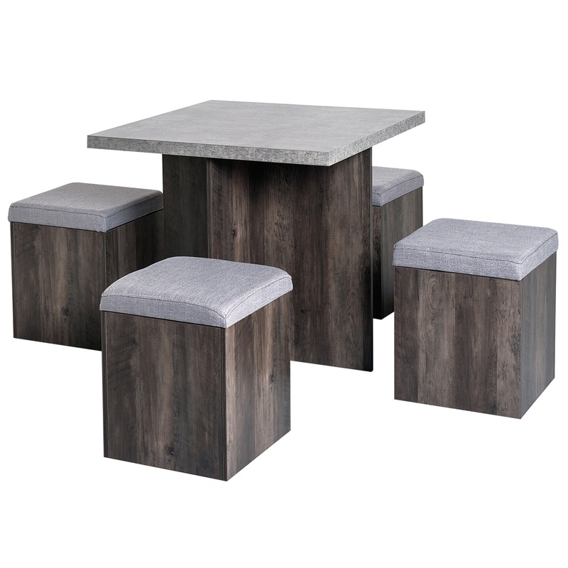 5PC Dining Set With 4 Storage Stools Footrest Ottoman with Cushions + 1 Table Space Saving Design Indoor Outdoor