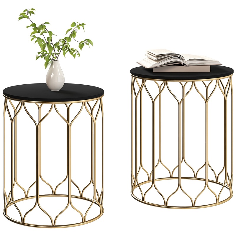 Nesting Tables Set of 2, Marble Effect Side Tables, Black